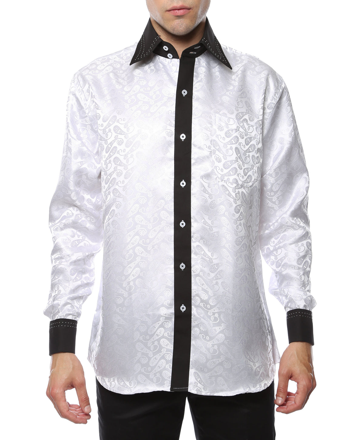 Men's White Paisley Satin Dress Shirt – High Collar, French Cuff | Ferrecci Hi-1033