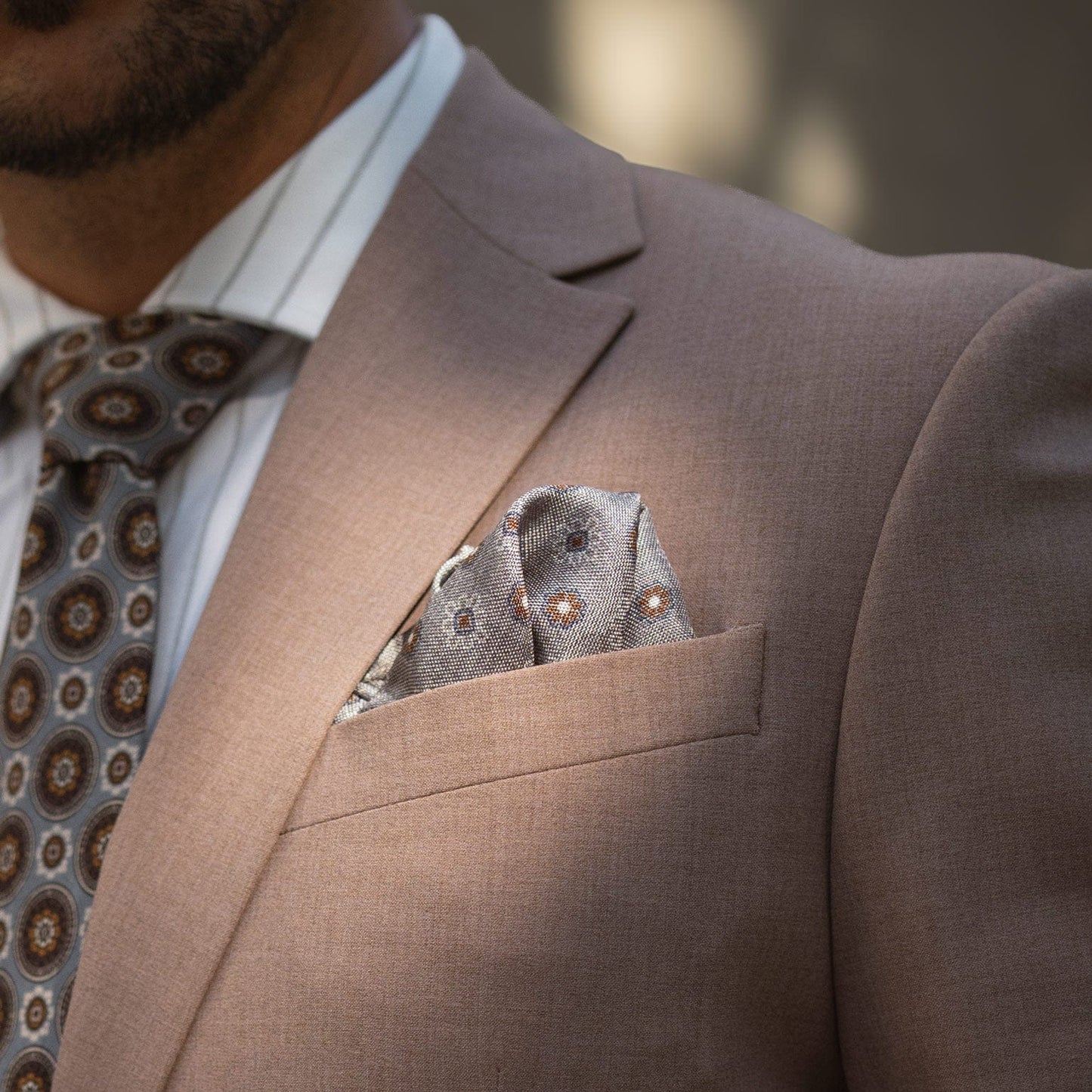 Pascal - Double Sided Silk Pocket Square - Grey & Bronze - My Men's Shop