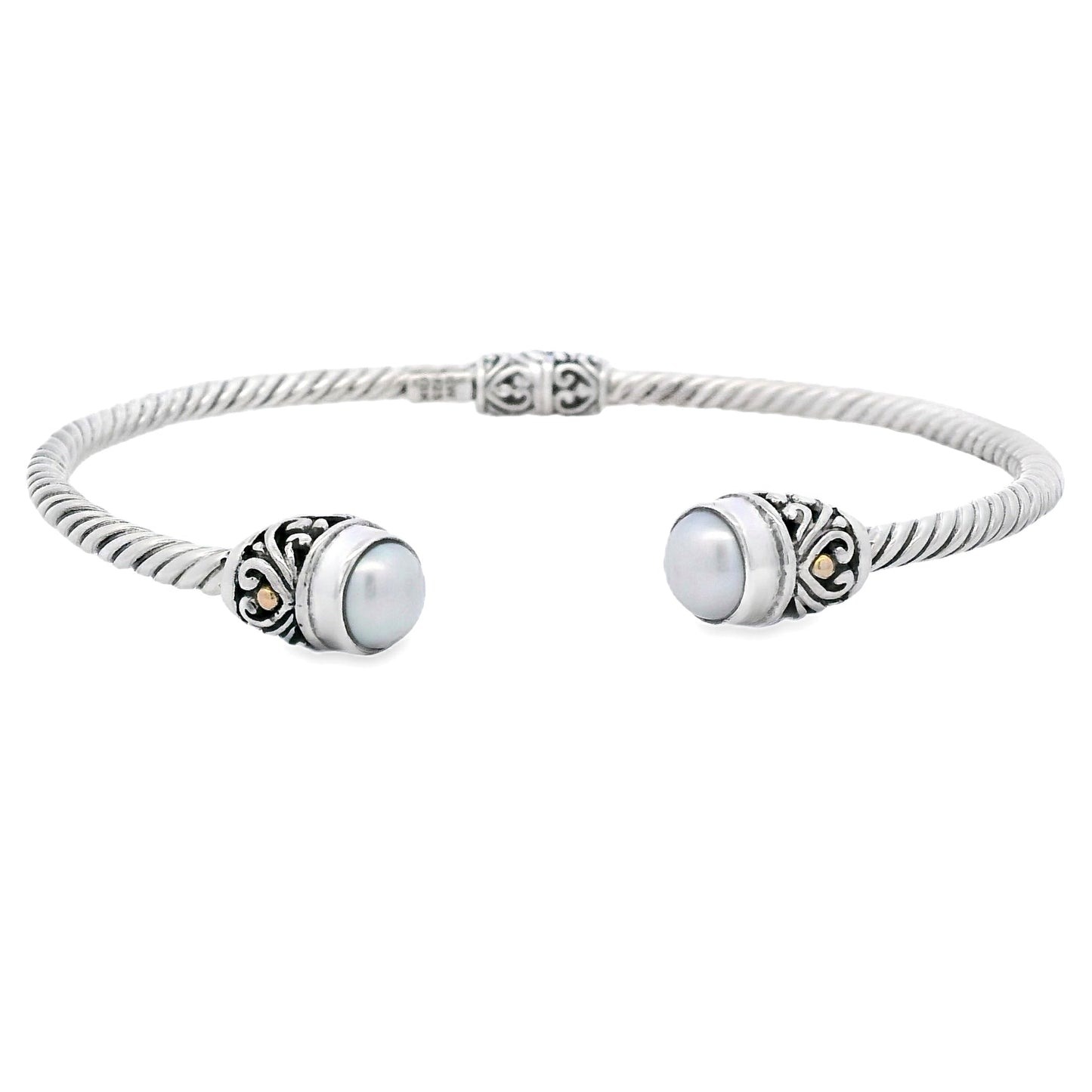 Brazalete rígido de perlas en plata de ley y oro de 18 quilates