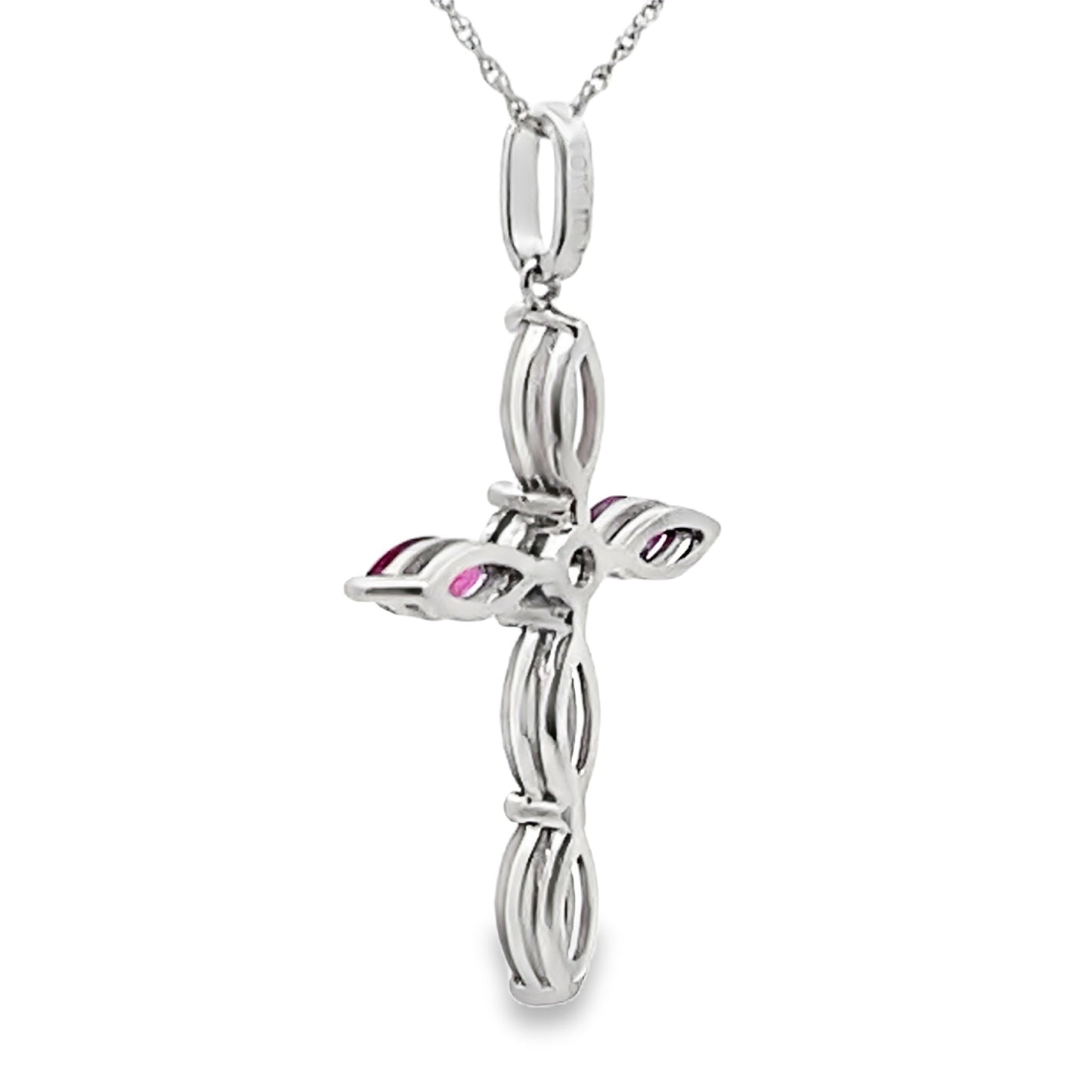 Colgante religioso de cruz con rubíes y diamantes de oro blanco de 10 quilates