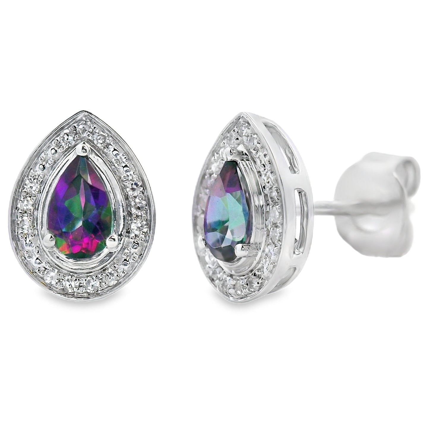 Pendientes de tuerca de oro blanco de 10 quilates con topacio Mystic Fire y diamantes