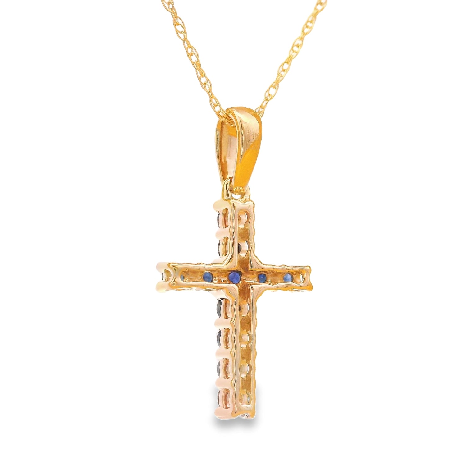 Colgante Religioso Cruz con Zafiro de .29ct en Oro Amarillo de 14kt
