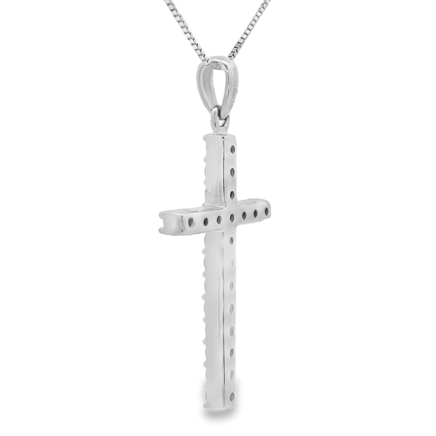 Colgante de cruz religiosa con diamante de 0,25 ct en oro blanco de 14 kt