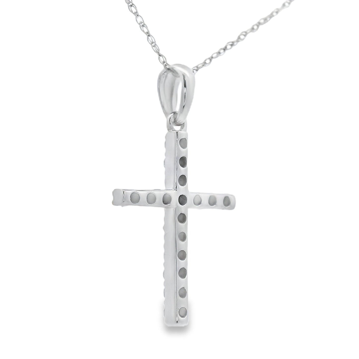 Colgante de cruz religiosa con diamante de 0,25 ct en oro blanco de 14 kt
