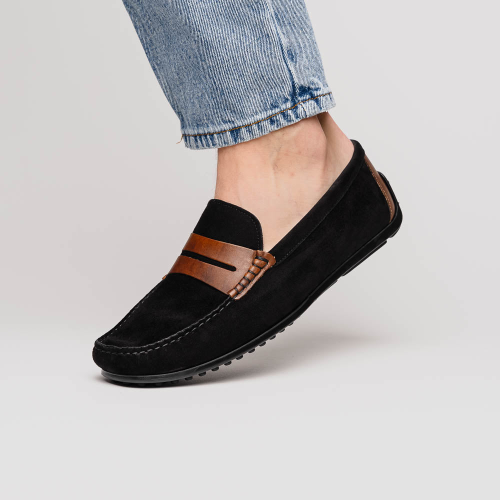 36-300-BLK MONZA Mocasín Piel de Becerro Italiana Afelpada Negro / Castaño