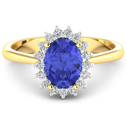 Anillo de Oro Amarillo de 14K con Tanzanita Genuina de 1,92 Quilates y Diamantes Blancos