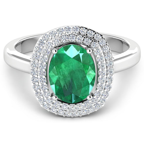 Anillo de oro blanco de 14K con esmeralda zambiana auténtica de 1,97 quilates y diamantes blancos
