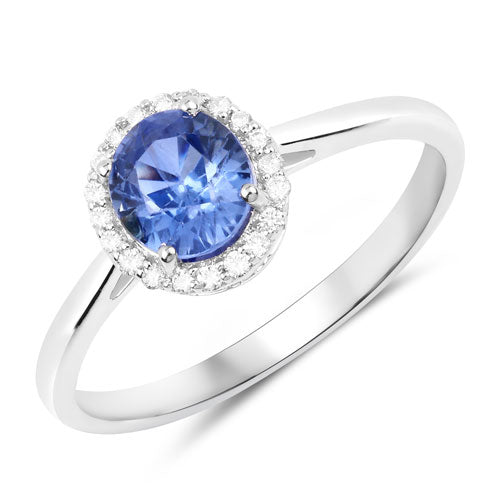 Anillo de oro blanco de 14K con zafiro azul auténtico de 1.27 quilates y diamantes blancos