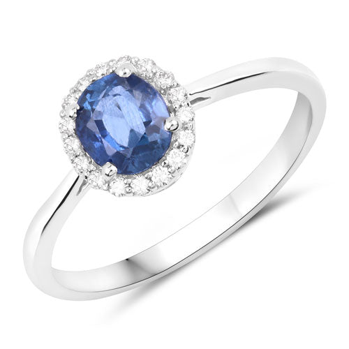 Anillo de oro blanco de 14K con zafiro azul genuino de 1,06 quilates y diamantes blancos