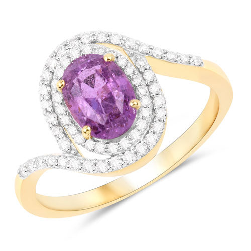 Anillo de oro amarillo de 14K con zafiro rosa genuino de 2.01 quilates y diamantes blancos