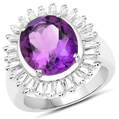 Anillo de Plata de Ley con Amatista Genuina y Topacio Blanco de 5,36 Quilates
