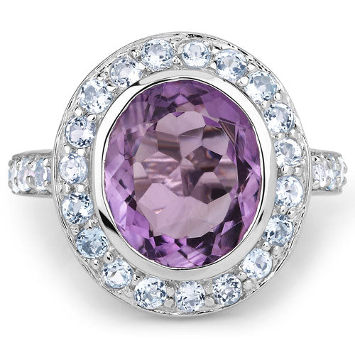 Anillo de Plata de Ley .925 con Amatista Genuina y Topacio Azul de 4.77 Quilates