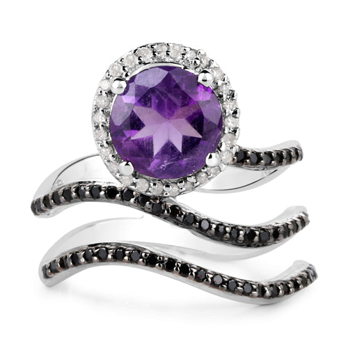 Anillo de Plata de Ley .925 con Amatista Genuina de 2.31 Quilates, Espinela Negra y Diamante Blanco