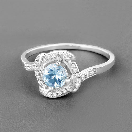 Anillo de oro blanco de 14K con aguamarina auténtica de 0,46 quilates y diamantes blancos