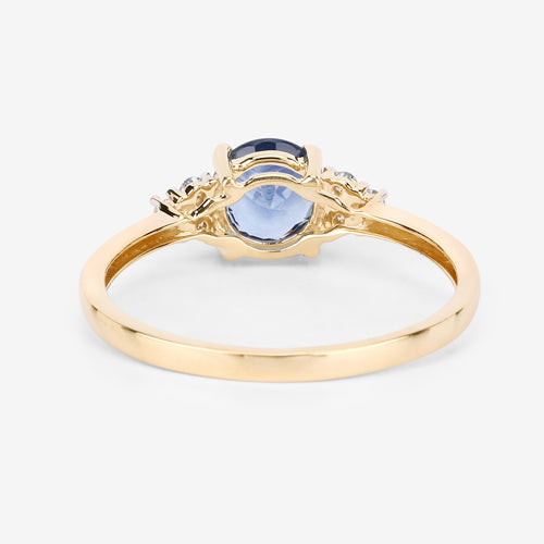 Anillo de oro amarillo de 14 quilates con zafiro azul genuino de 1,08 quilates y diamantes blancos