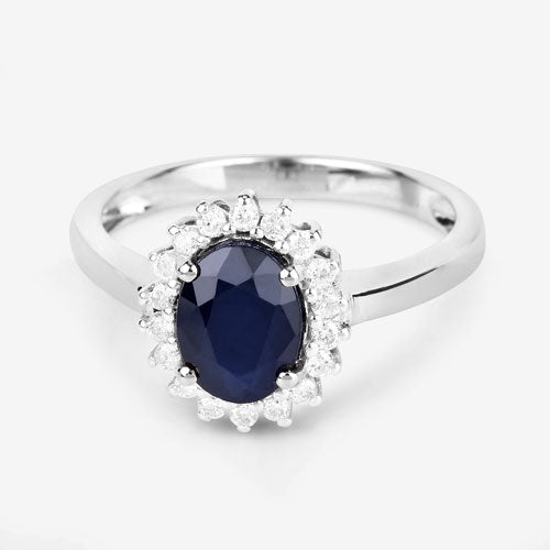Anillo de zafiro azul genuino de 1.73 quilates y diamantes blancos en oro blanco de 14 quilates