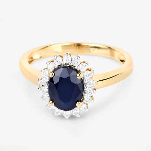 Anillo de oro amarillo de 14K con zafiro azul genuino de 1.73 quilates y diamantes blancos