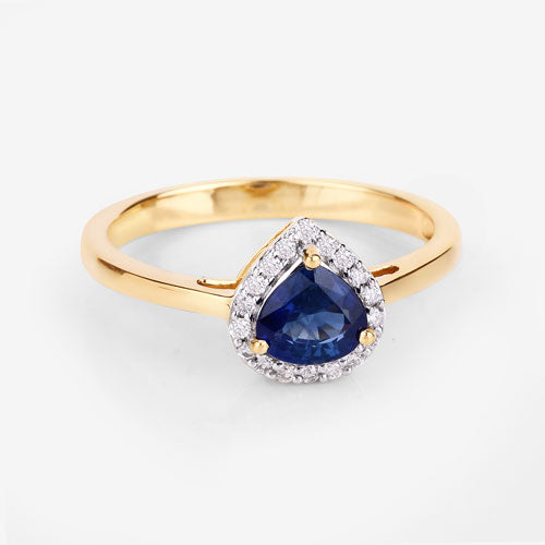 Anillo de oro amarillo de 14 quilates con zafiro azul auténtico de 0,73 quilates y diamante blanco