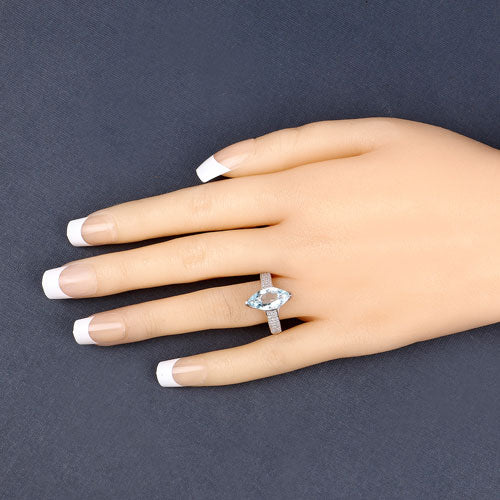 Anillo de oro blanco de 14K con aguamarina auténtica de 2.09 quilates y diamantes blancos