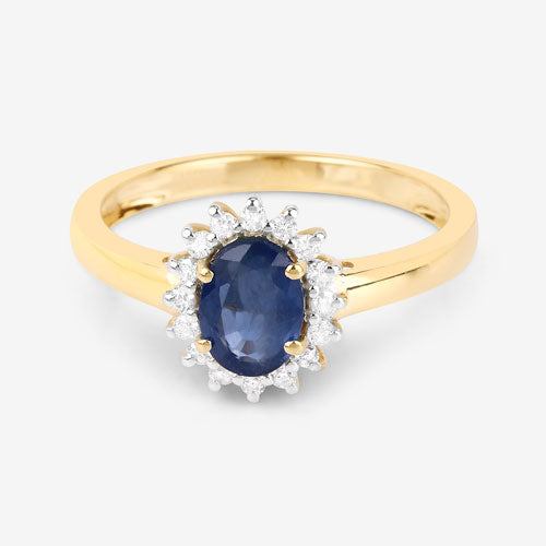 Anillo de oro amarillo de 10K con zafiro azul genuino de 1.11 quilates y diamante blanco