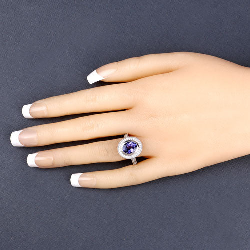 Anillo de tanzanita auténtica de 2,94 quilates y diamante blanco en oro blanco de 14 quilates