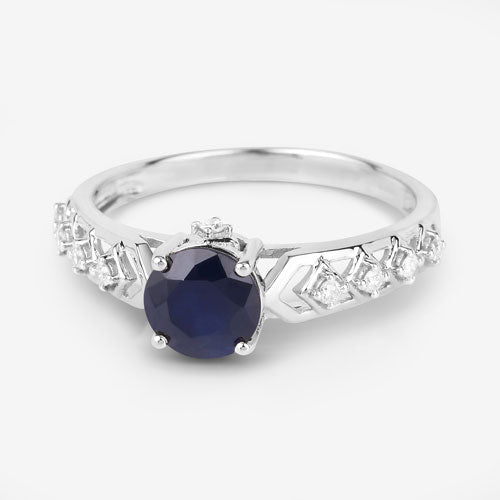 Anillo de oro blanco de 10 quilates con zafiro azul genuino de 1,13 quilates y diamantes blancos