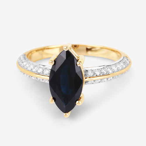 Anillo de oro amarillo de 10 quilates con zafiro azul genuino de 2.39 quilates y diamantes blancos