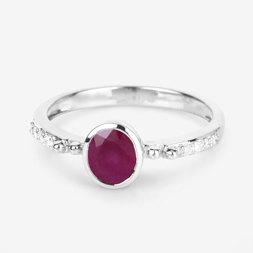 Anillo de oro blanco de 14 quilates con rubí auténtico de 1,00 quilates y diamante blanco