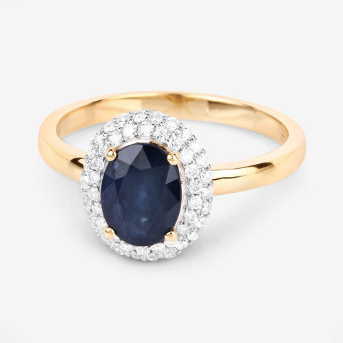 Anillo de oro amarillo de 14 quilates con zafiro azul genuino de 1,84 quilates y diamantes blancos
