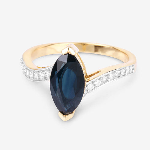 Anillo de Oro Amarillo de 14K con Zafiro Azul Genuino de 2.26 Quilates y Diamantes Blancos