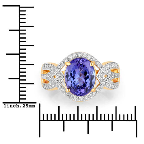 Anillo de oro amarillo de 14K con tanzanita genuina de 3,56 quilates y diamantes blancos