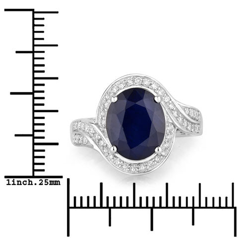Anillo de oro blanco de 14K con zafiro azul auténtico de 4,69 quilates y diamante blanco