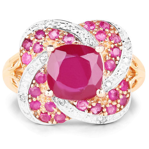 Anillo de plata de ley .925 chapado en oro rosa de 14 quilates con rubí relleno de cristal de 3,88 quilates, rubí y topacio blanco