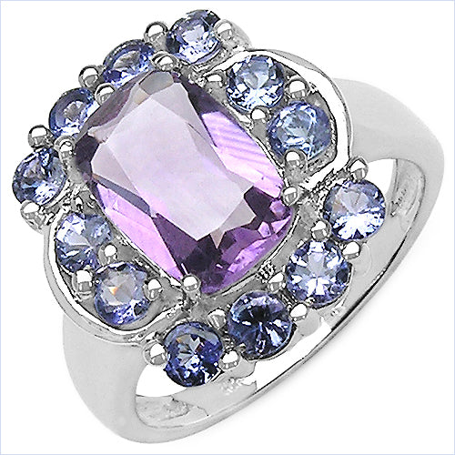 Anillo de plata de ley .925 con amatista y tanzanita genuinas de 3,30 quilates