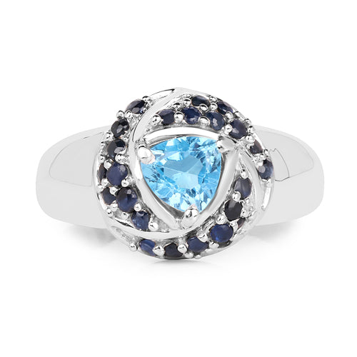 Anillo de Plata de Ley .925 con Topacio Azul Suizo y Zafiro Azul Genuinos de 1.61 Quilates