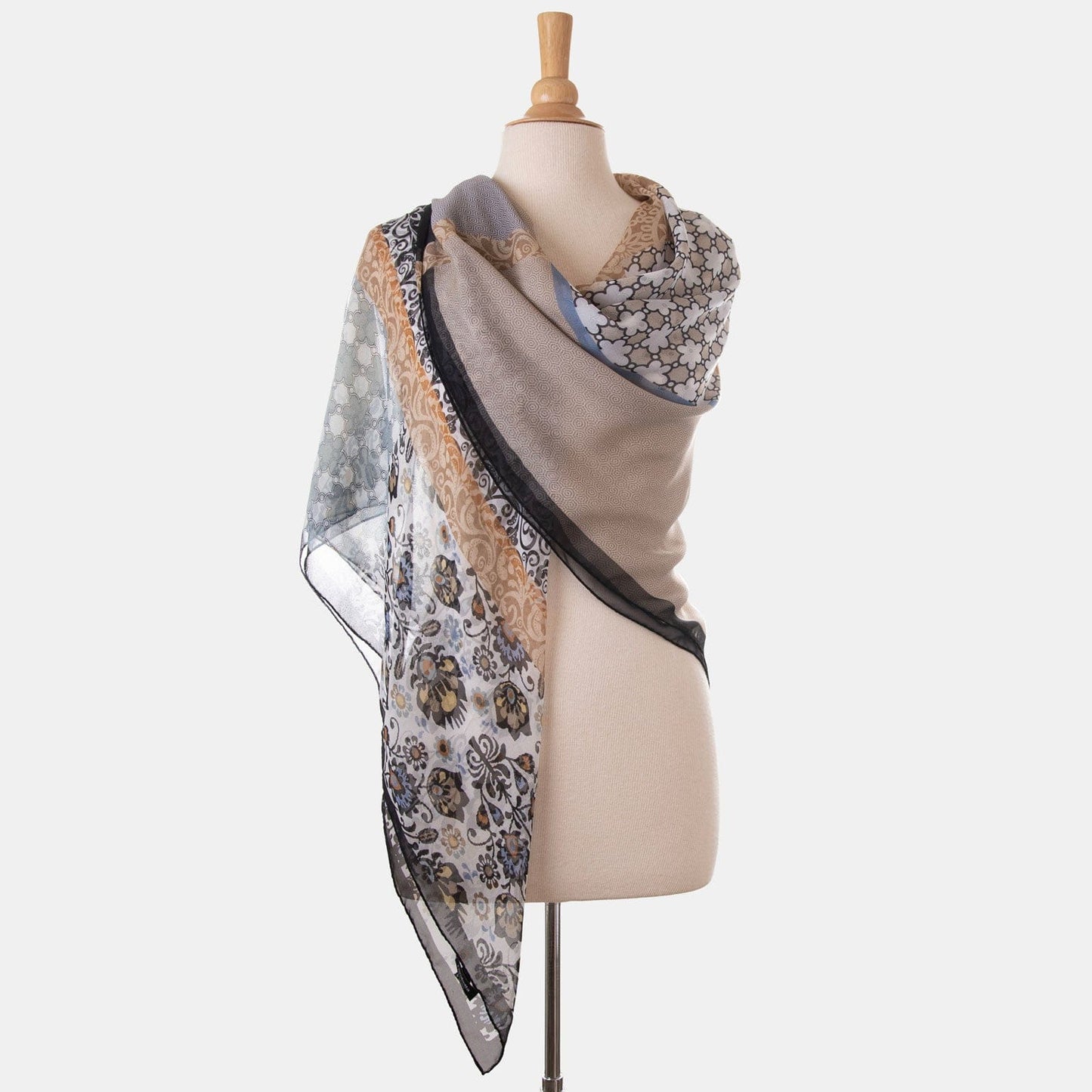 Dafne - Silk Scarf Shawl - Beige & Grey