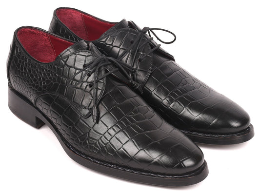 Paul Parkman Black Crocodile Embossed Calfskin Goodyear Welted Derby Shoes - My Men's Shop