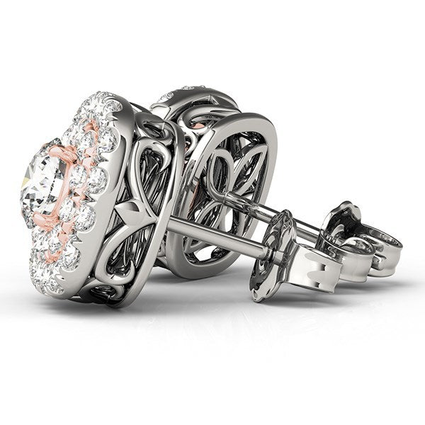 Pendientes de diamantes con halo en forma de cojín de oro blanco y rosa de 14k (3/4 quilates en total)