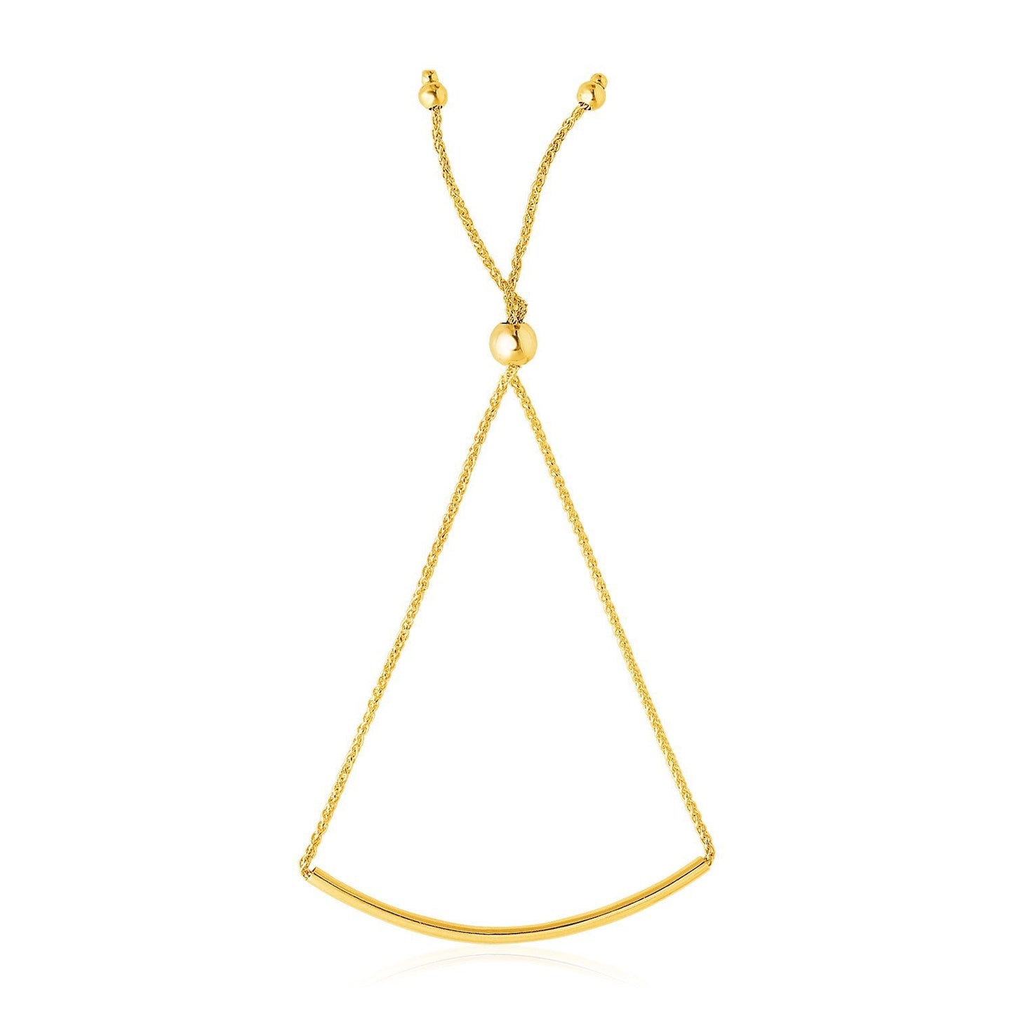 Pulsera de diseño lariat con barra curva lisa de oro amarillo de 14k