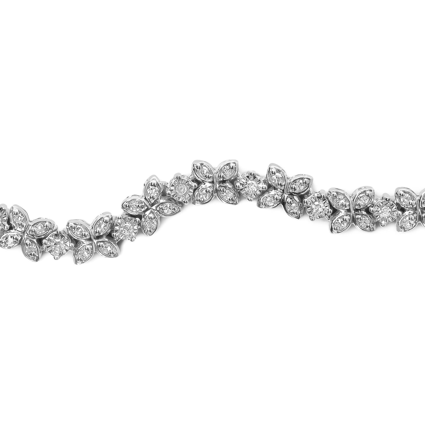 Pulsera ajustable tipo bolo de 4 a 10 pulgadas con diamantes de 1/4 TC en forma de marquesa y eslabones de plata de ley .925 (Color I-J, Claridad I1-I2)