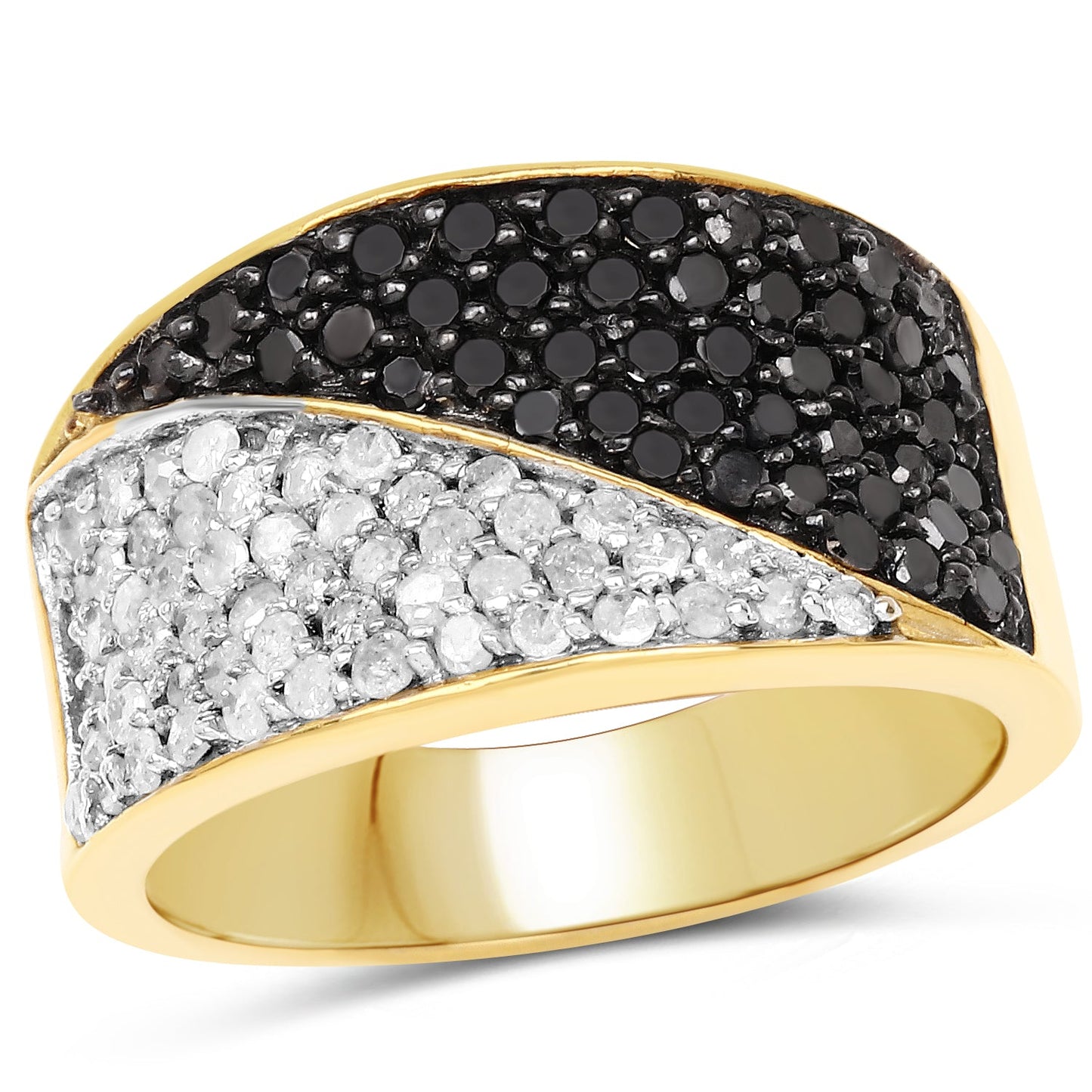 Anillo de plata de ley .925 con baño de oro amarillo de 14 quilates, diamante negro genuino de 1.20 quilates y diamantes blancos