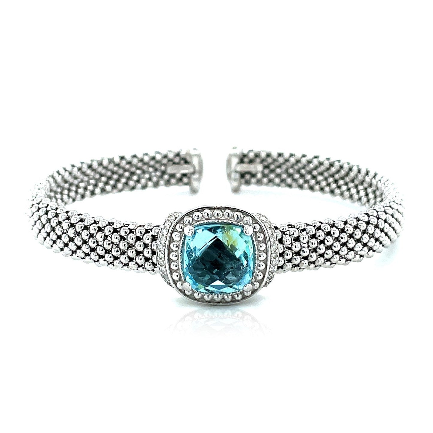 Pulsera Brazalete con Textura de Palomitas de Maíz con Topacio Azul y Diamantes en Plata de Ley