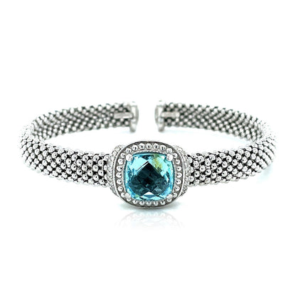 Pulsera Brazalete con Textura de Palomitas de Maíz con Topacio Azul y Diamantes en Plata de Ley