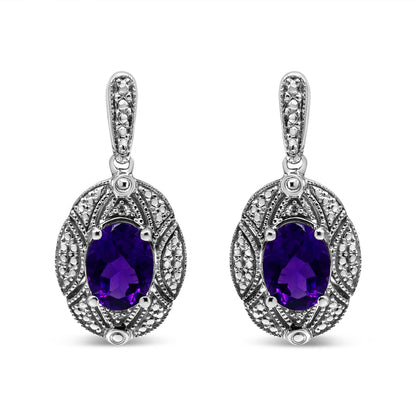 Pendientes de botón de plata de ley .925 con acento de diamante y amatista ovalada púrpura de 8x6mm (color I-J, claridad I1-I2)