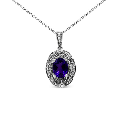 Collar de 45,72 cm con colgante de plata de ley .925, acentos de diamante y amatista ovalada púrpura de 9x7mm (color I-J, claridad I1-I2)
