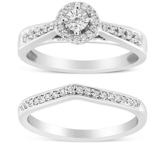 Anillo de compromiso de plata de ley .925 con halo de diamantes de 1/3 Cttw y vástago pavé (color I-J, claridad I3) - Talla 7