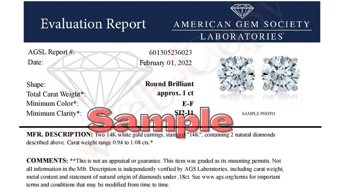 Aretes con montura de 4 puntas de oro blanco de 14 quilates con diamantes de talla redonda brillante solitario de 1.0 quilates con cierre a presión, AGS Certified (color E-F, claridad SI2-I1)