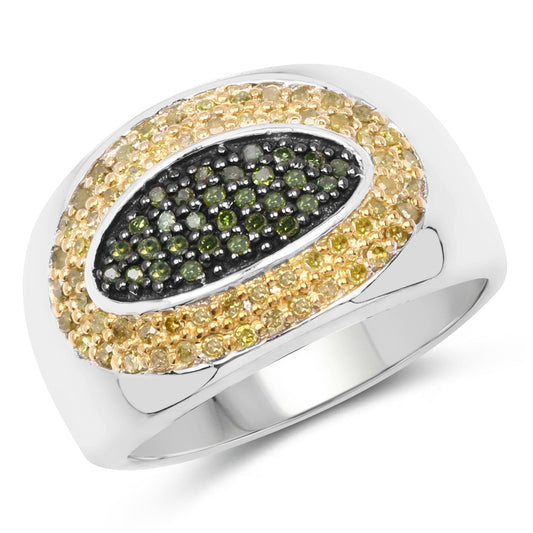 Anillo de plata de ley .925 con diamante verde genuino de 0,38 quilates y diamantes amarillos