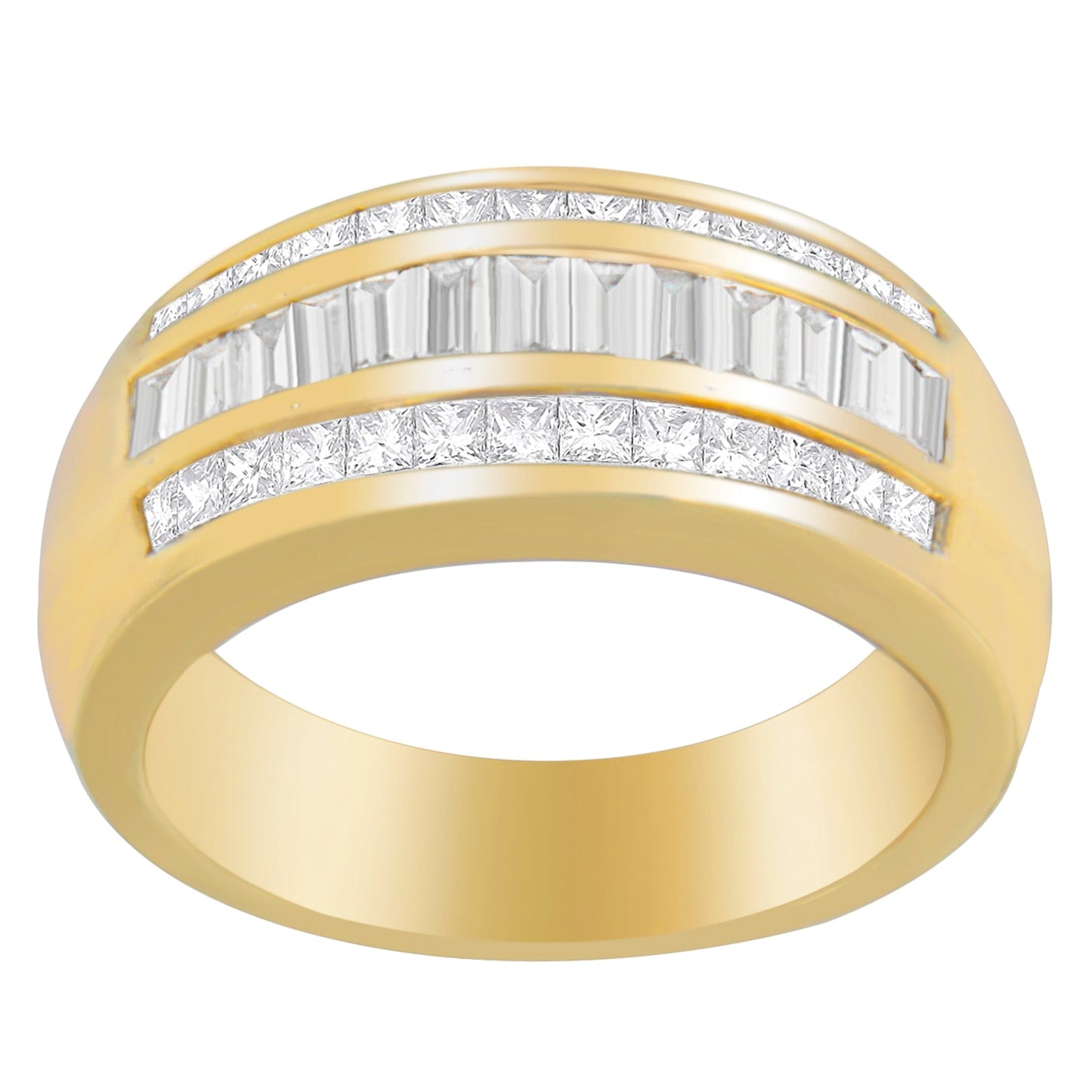 Anillo de oro amarillo de 14 quilates con diamantes talla princesa y baguette de 1 qt. peso total (H-I, SI1-SI2)