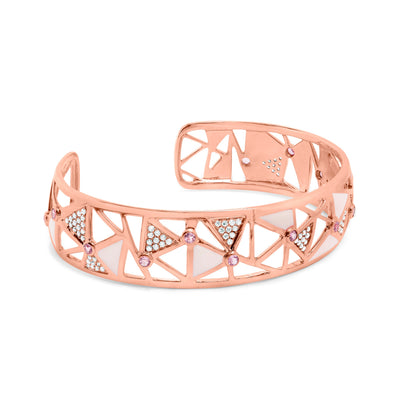 Brazalete abierto de oro rosa de 14 quilates y 5/8 quilates con diamante y turmalina rosa con esmalte blanco (color G-H, claridad SI1-SI2) - 7"